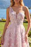 Robe rose de fin d’année rose à une épaule à fleurs