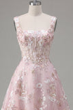 Corset rose à col carré A-Line robe florale de rentrée