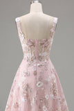 Corset rose à col carré A-Line robe florale de rentrée