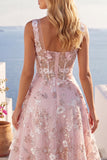 Corset rose à col carré A-Line robe florale de rentrée