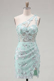 Robe de rentrée à la maison à la maison à la menthe corset à une épaule fleurielée appliquée avec fente
