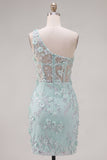 Robe de rentrée à la maison à la maison à la menthe corset à une épaule fleurielée appliquée avec fente