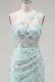 Robe de rentrée à la maison à la maison à la menthe corset à une épaule fleurielée appliquée avec fente