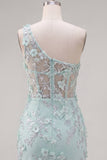 Robe de rentrée à la maison à la maison à la menthe corset à une épaule fleurielée appliquée avec fente