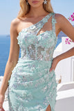 Robe de rentrée à la maison à la maison à la menthe corset à une épaule fleurielée appliquée avec fente