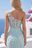 Robe de rentrée à la maison à la maison à la menthe corset à une épaule fleurielée appliquée avec fente