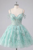 Robe de balles à la maison en train de sortir A-Line menthe à la menthe, corset fleuri perlés et perles
