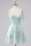 Robe de fin d’année corset ligne A à épaules dénudées, menthe fleur appliquée
