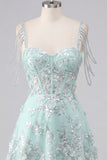 Robe de fin d’année corset ligne A à épaules dénudées, menthe fleur appliquée