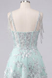 Robe de fin d’année corset ligne A à épaules dénudées, menthe fleur appliquée