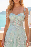 Robe de fin d’année corset ligne A à épaules dénudées, menthe fleur appliquée