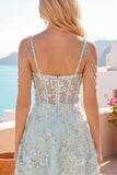 Robe de fin d’année corset ligne A à épaules dénudées, menthe fleur appliquée