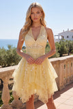 Robe de rentrée florale à col nu jaune beurre à col nu