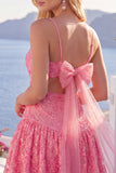 Robe de rentrée à la maison à bretelles fines en ligne A rose vif avec nœud