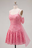 Robe de rentrée à la maison à bretelles fines en ligne A rose vif avec nœud