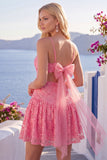 Robe de rentrée à la maison à bretelles fines en ligne A rose vif avec nœud