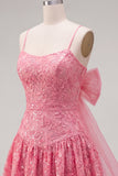 Robe de rentrée à la maison à bretelles fines en ligne A rose vif avec nœud