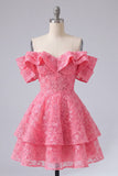 Robe de rentrée à la rentrée, rose vif à volants fleurs, en ligne A dénudée et perlée