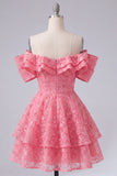 Robe de rentrée à la rentrée, rose vif à volants fleurs, en ligne A dénudée et perlée