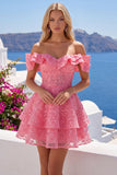 Robe de rentrée à la rentrée, rose vif à volants fleurs, en ligne A dénudée et perlée