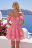 Robe de rentrée à la rentrée, rose vif à volants fleurs, en ligne A dénudée et perlée