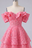 Robe de rentrée à la rentrée, rose vif à volants fleurs, en ligne A dénudée et perlée