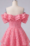 Robe de rentrée à la rentrée, rose vif à volants fleurs, en ligne A dénudée et perlée