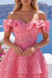 Robe de rentrée à la rentrée, rose vif à volants fleurs, en ligne A dénudée et perlée