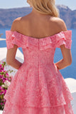 Robe de rentrée à la rentrée, rose vif à volants fleurs, en ligne A dénudée et perlée