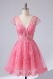 Robe de balaison rose vif en corset transparent en tulle à col en V fleuri avec manches courtes