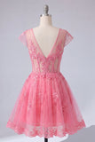 Robe de balaison rose vif en corset transparent en tulle à col en V fleuri avec manches courtes