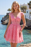 Robe de balaison rose vif en corset transparent en tulle à col en V fleuri avec manches courtes