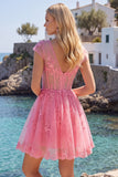Robe de balaison rose vif en corset transparent en tulle à col en V fleuri avec manches courtes