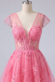 Robe de balaison rose vif en corset transparent en tulle à col en V fleuri avec manches courtes