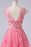 Robe de balaison rose vif en corset transparent en tulle à col en V fleuri avec manches courtes