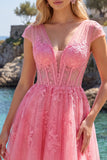 Robe de balaison rose vif en corset transparent en tulle à col en V fleuri avec manches courtes