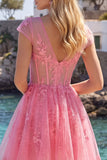 Robe de balaison rose vif en corset transparent en tulle à col en V fleuri avec manches courtes