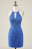 Robe de rentrée à la maison bleu bleu floral bodycon collante à col nu avec perles