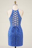 Robe de rentrée à la maison bleu bleu floral bodycon collante à col nu avec perles