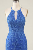 Robe de rentrée à la maison bleu bleu floral bodycon collante à col nu avec perles