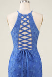 Robe de rentrée à la maison bleu bleu floral bodycon collante à col nu avec perles
