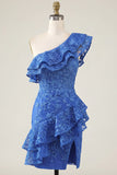 Robe de rentrée à la rentrée, bleu royal bleu moulant, fleur perlée et volants, avec une épaule et fente