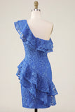 Robe de rentrée à la rentrée, bleu royal bleu moulant, fleur perlée et volants, avec une épaule et fente
