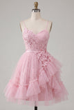 Robe de rentrée à la maison à bretelles fines rose rose A-Line avec volants