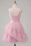 Robe de rentrée à la maison à bretelles fines rose rose A-Line avec volants