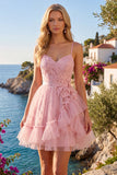 Robe de rentrée à la maison à bretelles fines rose rose A-Line avec volants