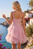Robe de rentrée à la maison à bretelles fines rose rose A-Line avec volants