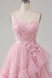 Robe de rentrée à la maison à bretelles fines rose rose A-Line avec volants