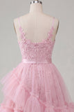 Robe de rentrée à la maison à bretelles fines rose rose A-Line avec volants