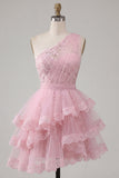 Robe de fin d’année rose rose à une épaule à étages florales